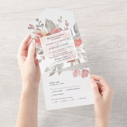 Elegant Pink Gray Floral Watercolor Wedding All In One Invitation
