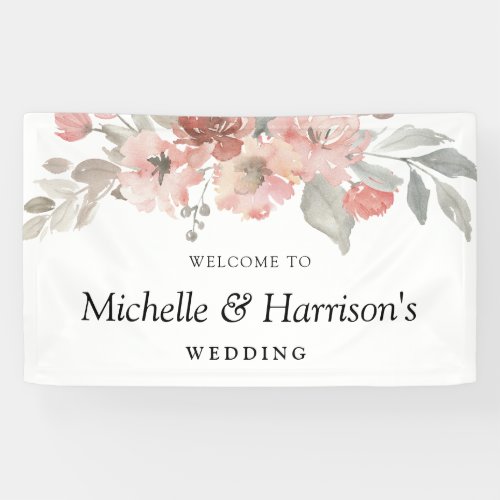 Elegant Pink Gray Floral Watercolor Wedding Banner