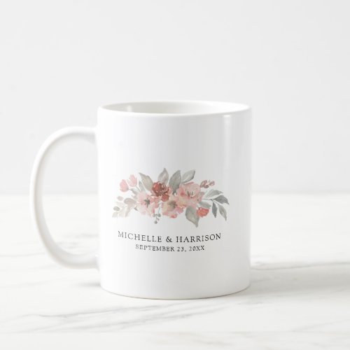Elegant Pink Gray Floral Watercolor Wedding Coffee Mug