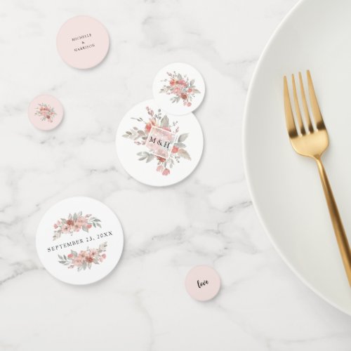 Elegant Pink Gray Floral Watercolor Wedding Confetti