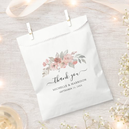 Elegant Pink Gray Floral Watercolor Wedding Favor Bag