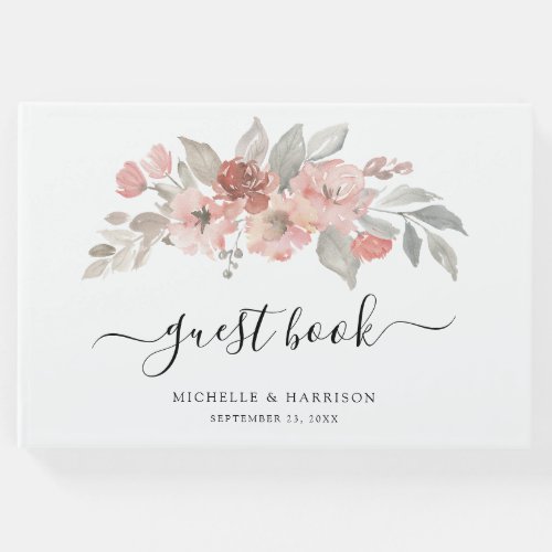 Elegant Pink Gray Floral Watercolor Wedding Guest Book