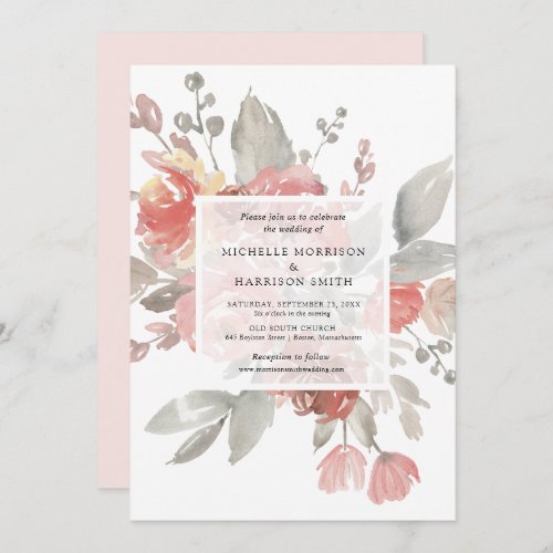 Elegant Pink Gray Floral Watercolor Wedding Invitation