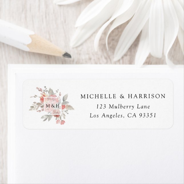 Elegant Pink Gray Floral Watercolor Wedding Label (Insitu)