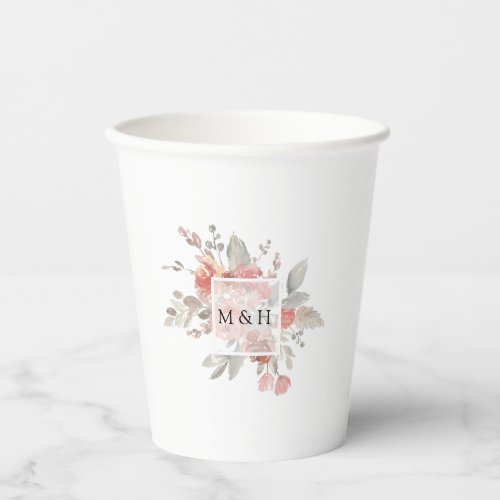 Elegant Pink Gray Floral Watercolor Wedding Paper Cups