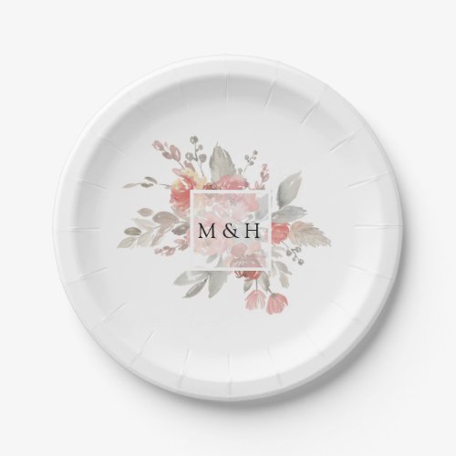 Elegant Pink Gray Floral Watercolor Wedding Paper Plates