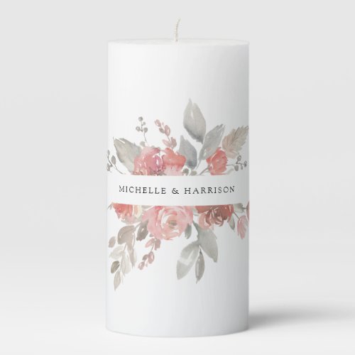 Elegant Pink Gray Floral Watercolor Wedding Pillar Candle