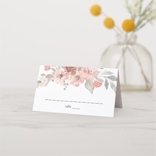 Elegant Pink Gray Floral Watercolor Wedding Place Card