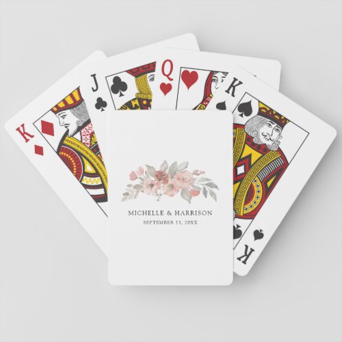 Elegant Pink Gray Floral Watercolor Wedding Poker Cards