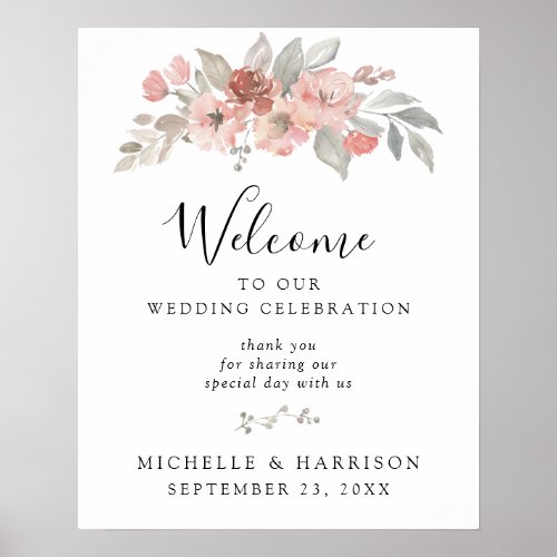 Elegant Pink Gray Floral Watercolor Wedding Poster
