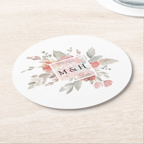 Elegant Pink Gray Floral Watercolor Wedding Round Paper Coaster