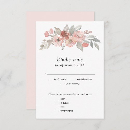 Elegant Pink Gray Floral Watercolor Wedding RSVP Card