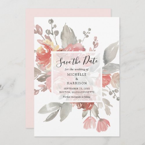 Elegant Pink Gray Floral Watercolor Wedding Save The Date