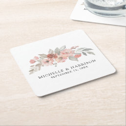 Elegant Pink Gray Floral Watercolor Wedding Square Paper Coaster