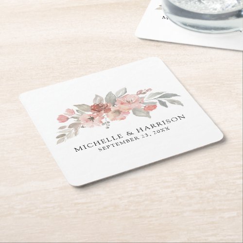 Elegant Pink Gray Floral Watercolor Wedding Square Paper Coaster