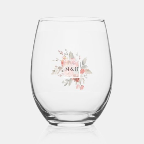 Elegant Pink Gray Floral Watercolor Wedding Stemless Wine Glass