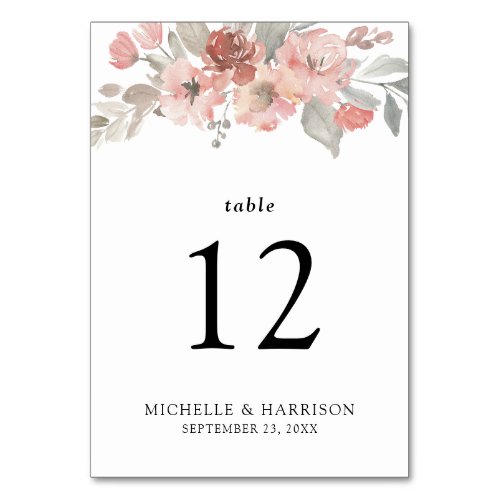 Elegant Pink Gray Floral Watercolor Wedding Table Number