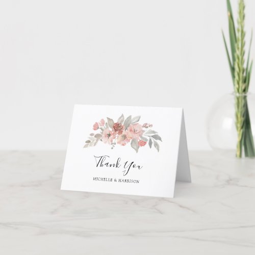 Elegant Pink Gray Floral Watercolor Wedding Thank You Card