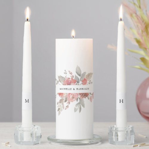 Elegant Pink Gray Floral Watercolor Wedding Unity Candle Set