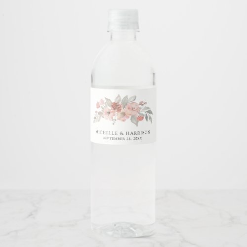 Elegant Pink Gray Floral Watercolor Wedding Water Bottle Label