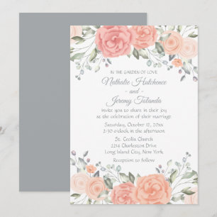 Elegant Pink Gray Floral Wedding Watercolor Grey Invitation