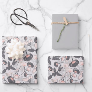  Elegant Pink Gray Flowers Wrapping Paper Sheets