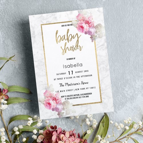 Elegant pink gray marble floral Baby Shower Invitation