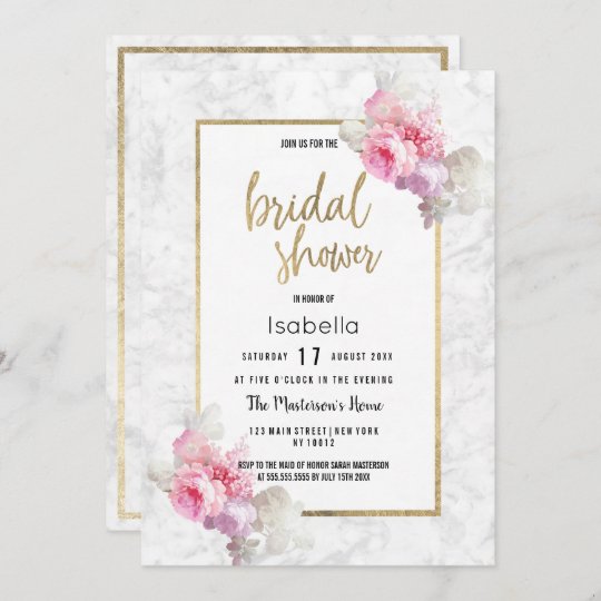 Elegant pink gray marble floral Bridal Shower Invitation | Zazzle.com