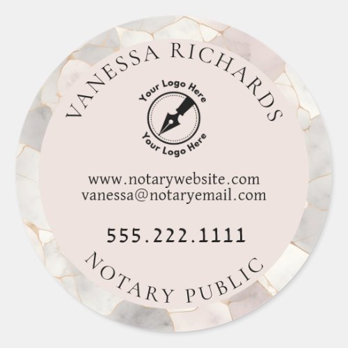 Elegant Pink  Gray Marble Notary Public Logo  Classic Round Sticker