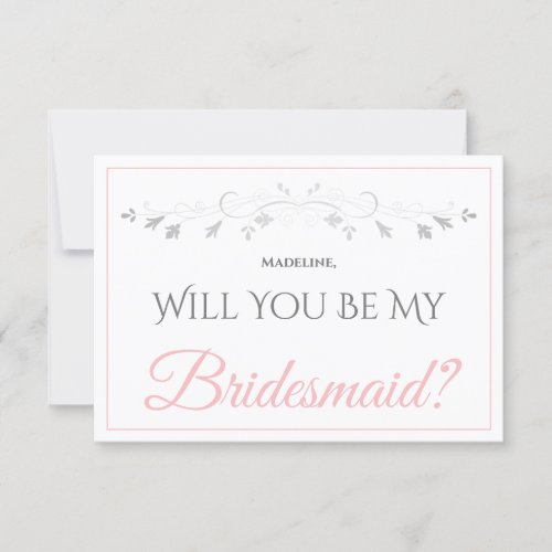 Elegant Pink Gray Vintage Border Be My Bridesmaid Card