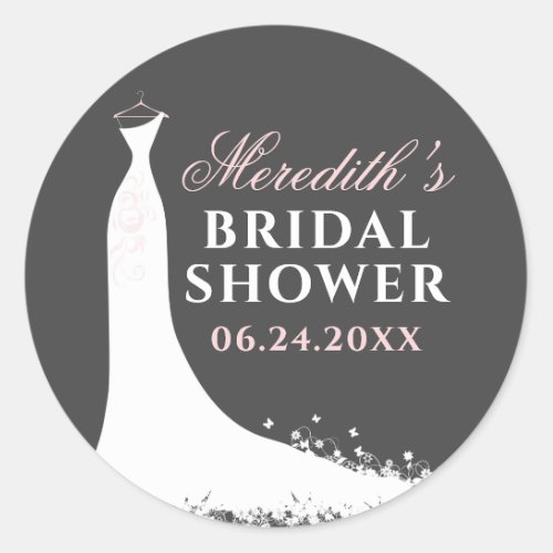 Elegant Pink Gray Wedding Gown Bridal Shower Classic Round Sticker