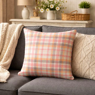 Elegant Pink Gray Yellow Plaid Farmhouse Cottage Throw Pillow
