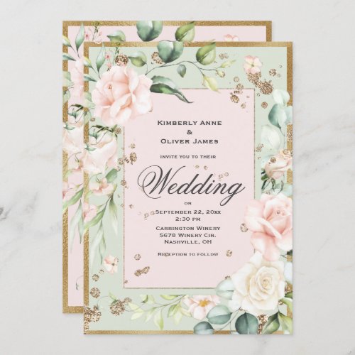 Elegant Pink Green Blush Floral Wedding Invitation