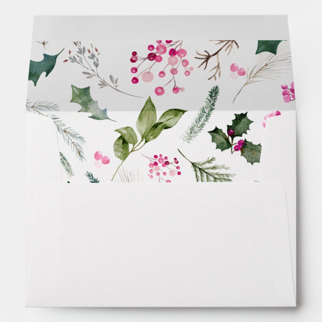 Elegant Pink Green Botanical White Christmas Envelope (Back (Bottom))