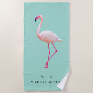 Elegant Pink green Flamingo Monogram Custom Dry Beach Towel