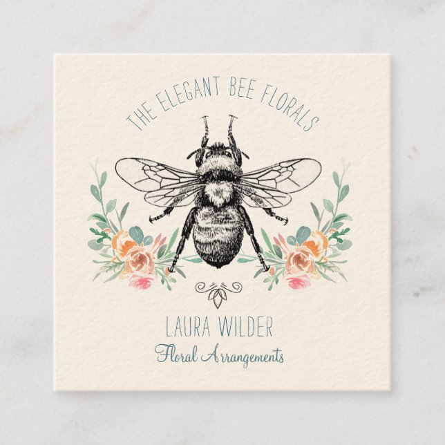 Elegant Pink Green Floral Bee Florist Square Business Card (Front)