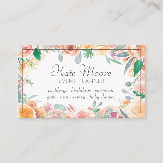 Elegant Pink Green Floral Border Event Planner Business Card (Front)