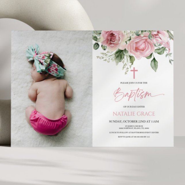 Elegant Pink Green Floral Custom Picture Baptism Invitation (Creator Uploaded)