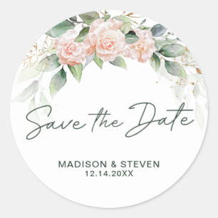 Elegant Pink Green Floral Eucalyptus Wedding  Classic Round Sticker