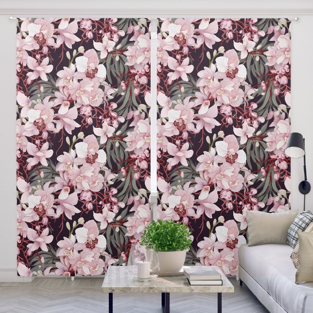 Elegant Pink Green Floral Flower Botanical Pattern Blackout Curtains (Living Room)