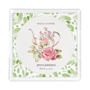 Elegant Pink Green Floral Flowers Bridal Shower Acrylic Tray
