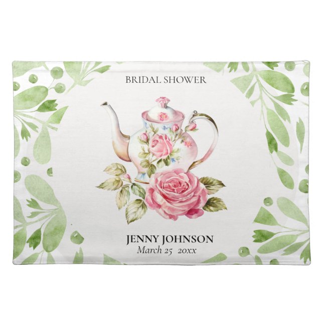 Elegant Pink Green Floral Flowers Bridal Shower Cloth Placemat (Front)