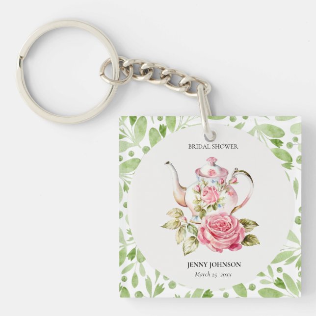 Elegant Pink Green Floral Flowers Bridal Shower Keychain (Front)