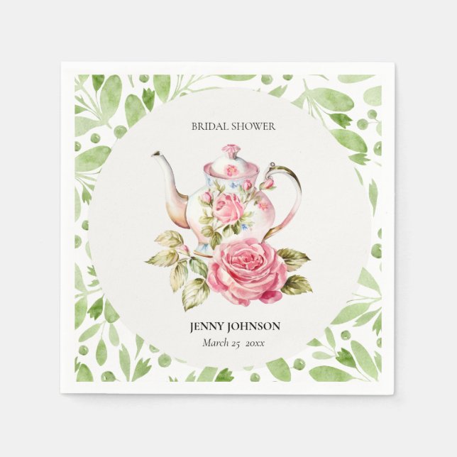Elegant Pink Green Floral Flowers Bridal Shower Napkins (Front)