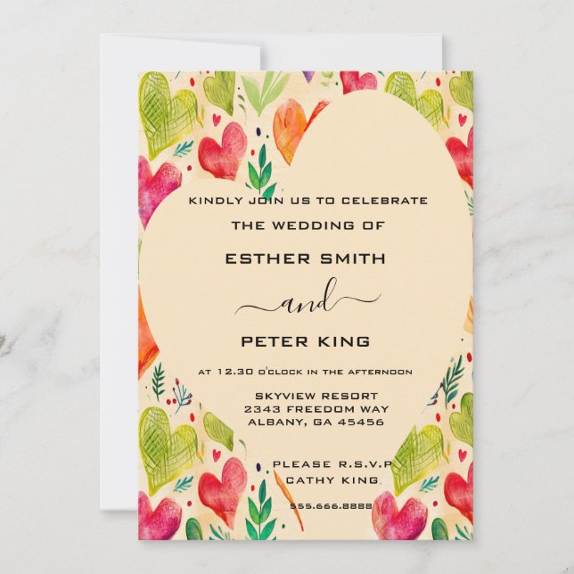 Elegant Pink & Green Floral Hearts Arbor Wedding Invitation (Front)