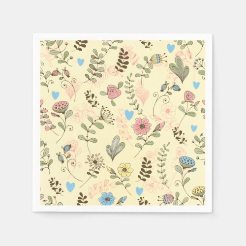 Elegant Pink Green Floral Leaves Pattern Paper Nap Napkins