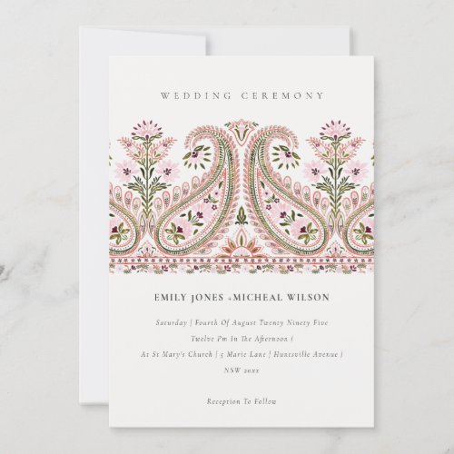 Elegant Pink Green Floral Paisley Motif Wedding Invitation