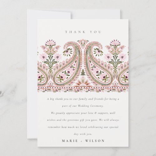 Elegant Pink Green Floral Paisley Motif Wedding Thank You Card