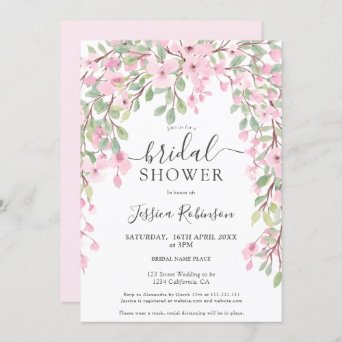 Elegant pink green floral watercolor bridal shower invitation
