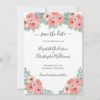 Elegant Pink Green Floral Watercolor Wedding Save The Date